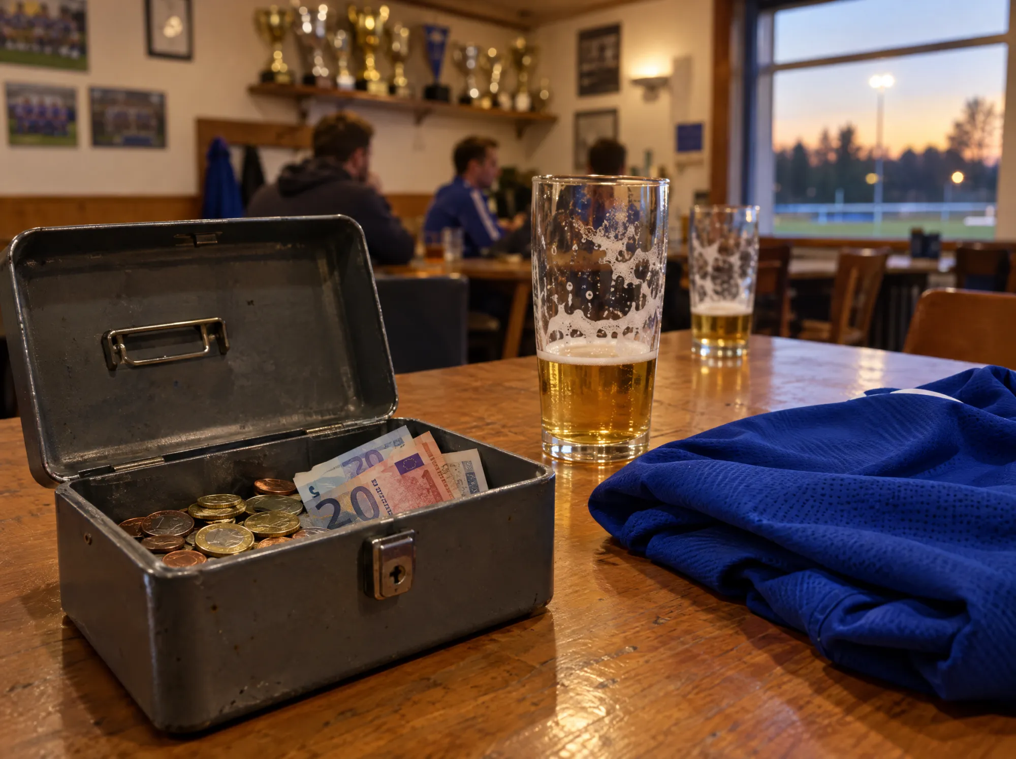 Geldkassette mit Münzen auf einem Tisch im Vereinsheim